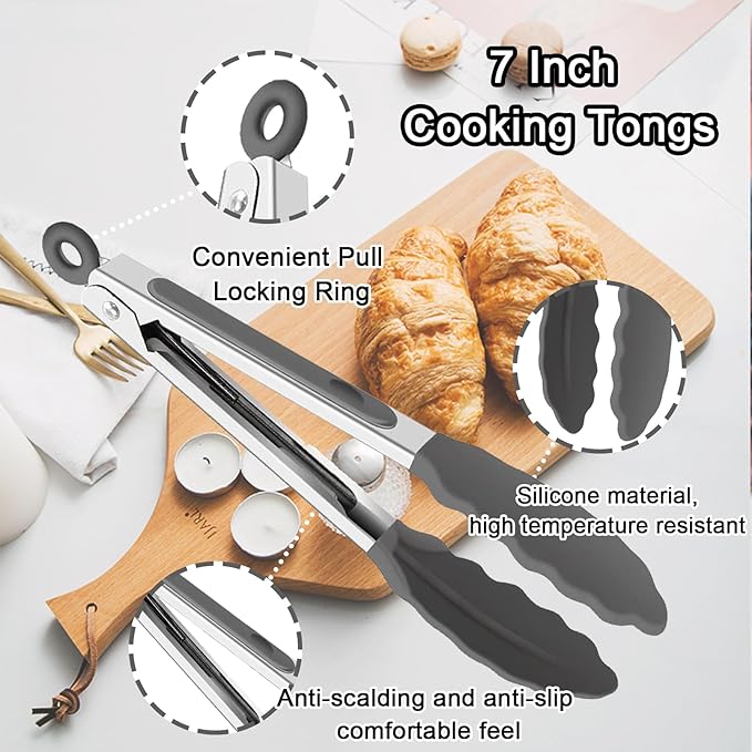 6 PCS Silicone Tongs,Cooking Tongs with Silicone Tips,7 Inch Stainless Steel Silicone Kitchen Tongs,Heat Resistant Non-Stick,for Cooking Grilling Salad,BBQ Tongs with Locking
