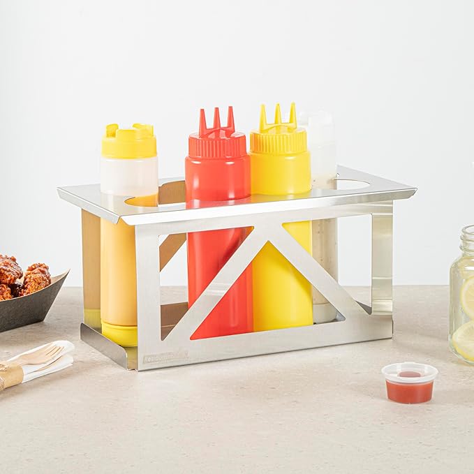 Restaurantware Squeeze Bottle Holder Pack of 1 Stainless Steel 8 Hole Bottle Holder, 2.5" Diameter Fits 1/3 Size Opening, Dishwasher Friendly Integrated Lip Design Holder for Condiment Bottles