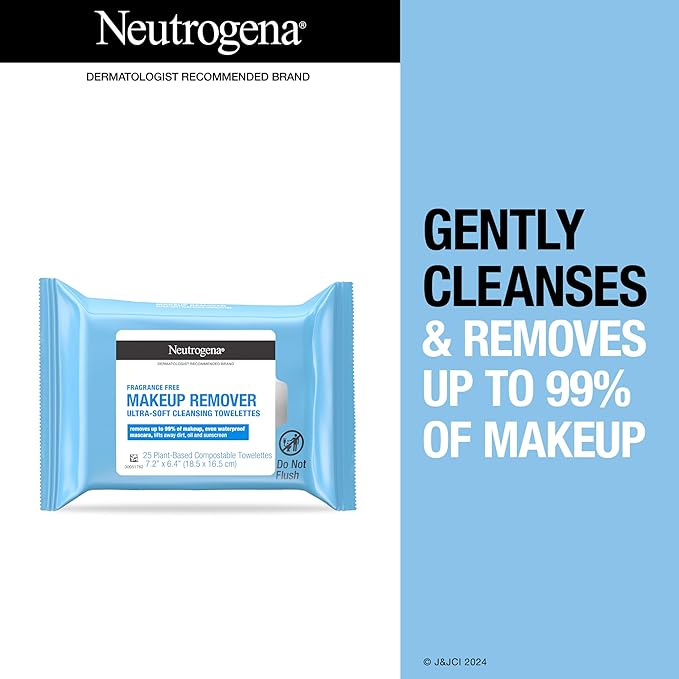 Neutrogena Fragrance-Free Makeup Remover Wipes, Daily Facial Cleanser Towelettes, Gently Removes Oil & Makeup, Alcohol-Free Makeup Wipes, 25 ct-BrightBean Baby