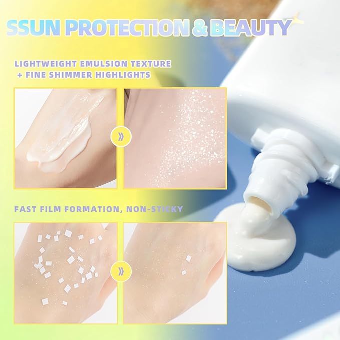 Shimmer Face Primer with Sunscreen, SPF 30, Highlighting Fine Glitter Brightening + Sun Protection, Moisturizing Sunscreen, Natural & Refreshing, Oil-Controlling,Non-Greasy Isolation Primer-BrightBean Baby