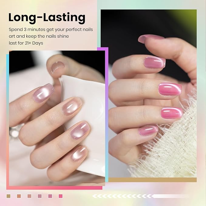 RARJSM Nude Jelly Glass Cat Eye Gel Nail Polish Set 6Pcs Champagne Gold Rose Blush Metal Pink Red Smoothie Ceramics Cateye Silver Glitter Gelpolish with Magnetic Stick UV LED Curing Require Home Salon-BrightBean Baby