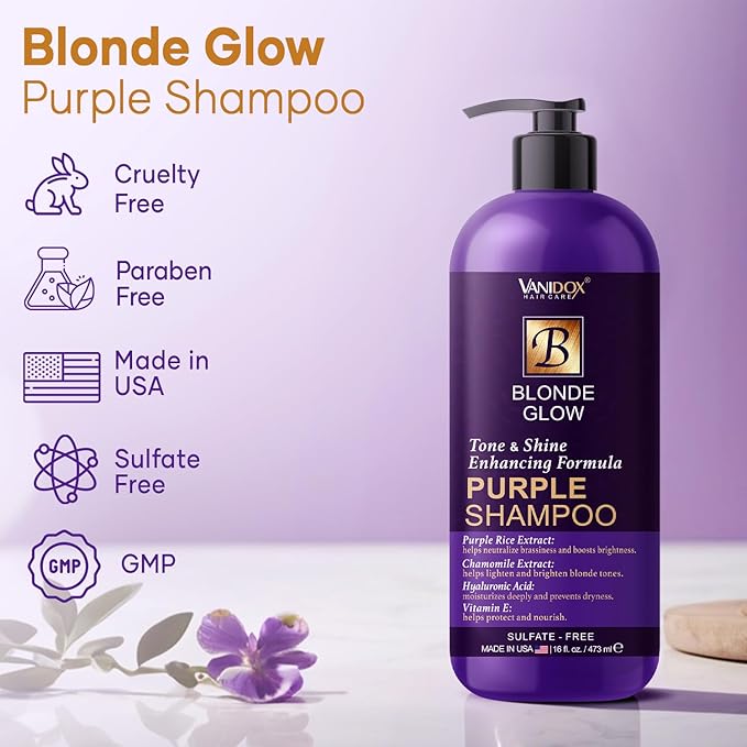 Sulfate Free Brass Toning Purple Shampoo for Blondes, Brown Highlighted, or Bleached Hair, Infused with Purple Rice Extract, Hyaluronic Acid, Vitamin E, and Chamomile Extract (16 fl oz)-BrightBean Baby