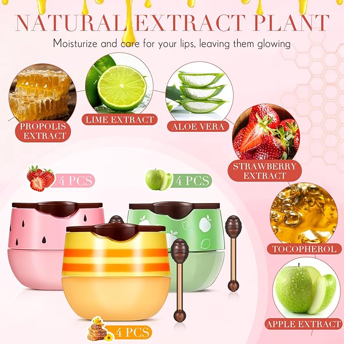 12 Pcs Bee Lip Balm Honey Pot with Brush Propolis Lip Mask Overnight, Moisturizing Hydrating Lip Sleeping Mask Prevention Dry and Cracked(Honey+Strawberry+Apple Lime)-BrightBean Baby