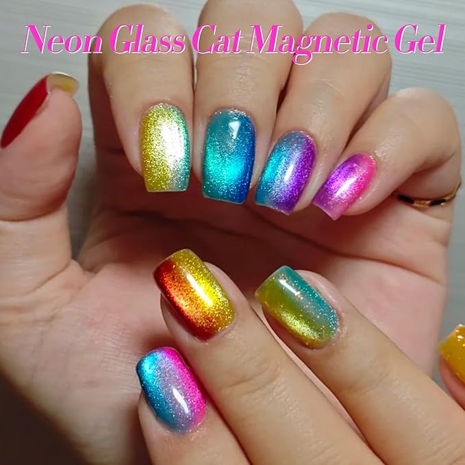 Born Pretty Cat Magnetic Eye Gel Nail Polish Neon Glazed Glass Crystal Magnetic Gel Spring Summer Yellow Green Pink Blue Purple Translucent Gel Polish Set Manicure Nail Art DIY at Home-BrightBean Baby