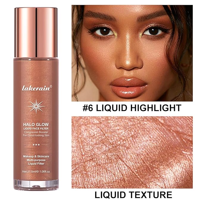 Natural Glow Liquid Filter Makeup, Longwear Face Luminizer, Complexion Booster For Any Part of the Body, Liquid Highlighter with Brush Kit, Infused Hyaluronic Acid, 1.06 fl oz (#06 TAN/DEEP)-BrightBean Baby