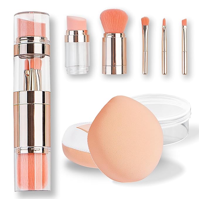 kullder 5-in-1 Makeup Brush Travel Makeup Brush set Dual Ended Mini Makeup Brush Pen Foundation Powder Concealer Shadow Blush Makeup Brushes with 2 Sponge Puff Womens Gift Idea for Beauty Lover-BrightBean Baby