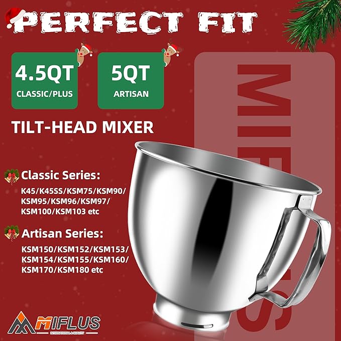 Stand Mixer Bowl 304 Stainless Steel for 4.5QT-5QT Tilt-head Stand Mixer, Stainless Steel Kitchne Mixer Bowls for Tilt-Head Stand Mixer,Kitchne Mixer Replacement Bowl Accessories-MIFLUS