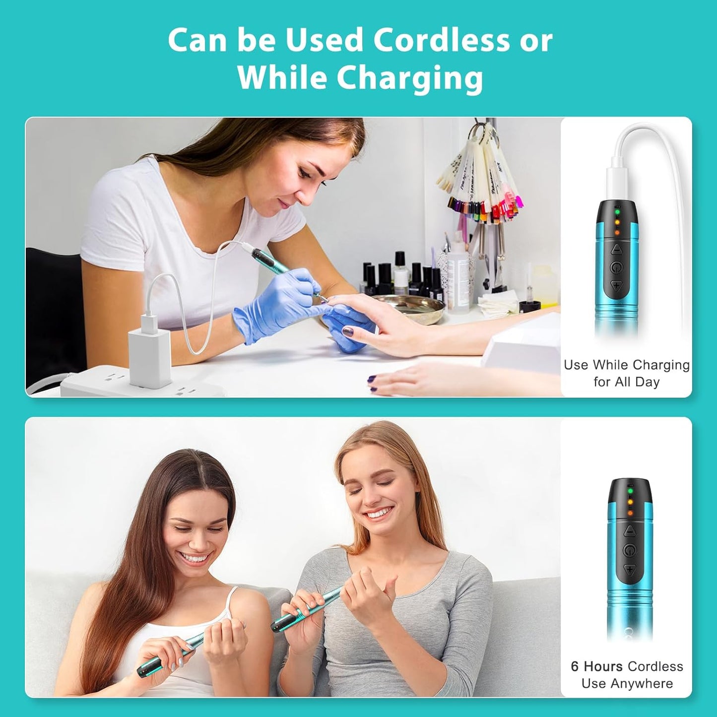 COSLUS Cordless Nail Drill Electric File: Professional for Acrylic Gel Dip Powder Nails Portable Nail Drill Machine Kit for Manicure Pedicure Nail Set with Everything Rechargeable Lightweight Blue-BrightBean Baby