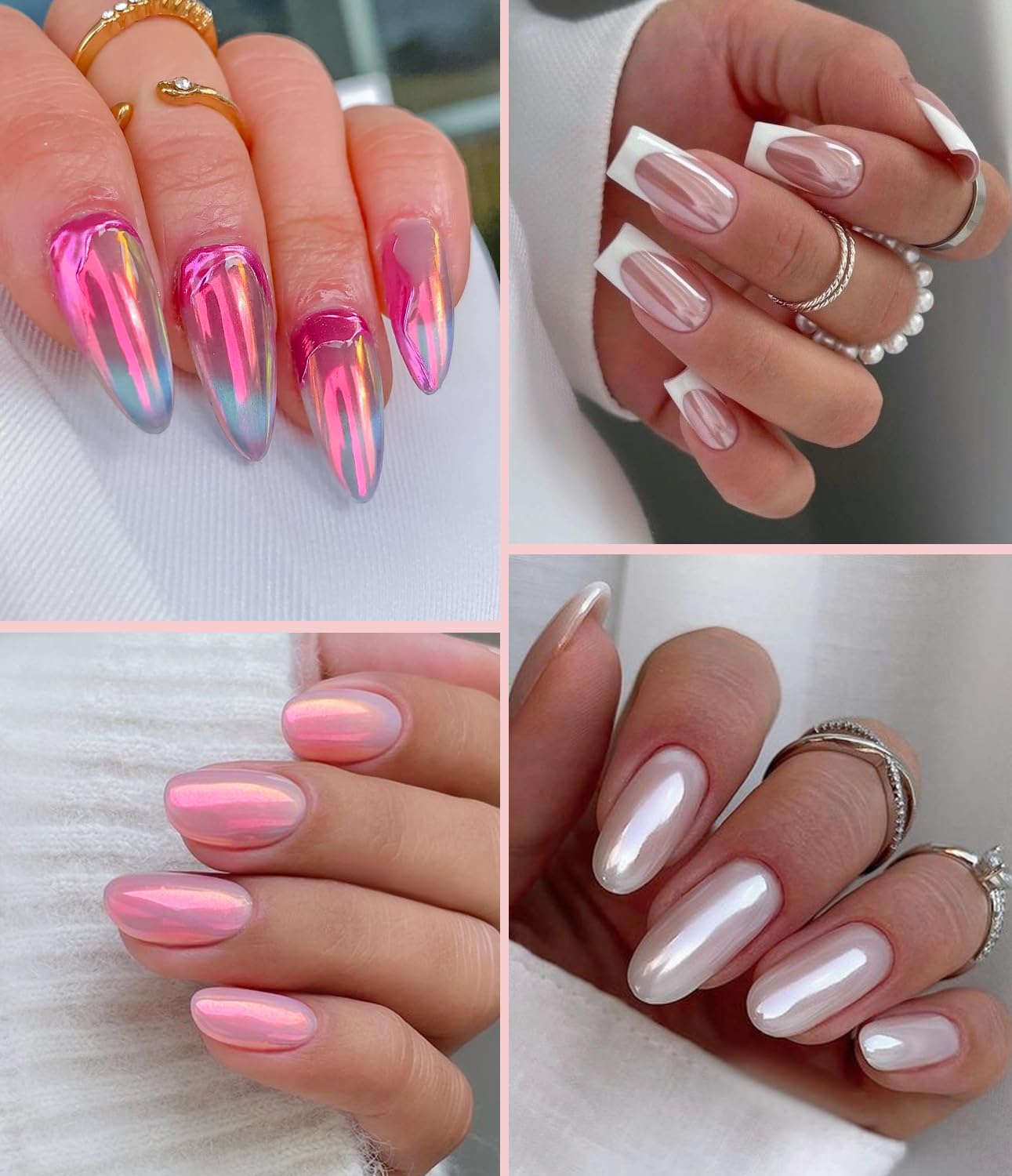 Pearl Chrome Nail Powder BISHENGYF -【Fairy Effect】 Pink Chrome Nail Powder White Pearlesent Aurora Mermaid Iridescent Nail Chrome Powder, Metallic Mirror Glitter Pigment Dust for Nail Art DIY 2PCS-BrightBean Baby
