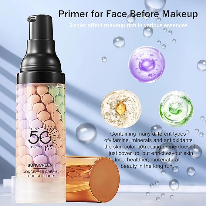 3 In 1Primer for Face Before Makeup,Sunscreen Isolation Cream, SPF 50, One Step Color Corrector Face Primer, Blurs Imperfections Oil Control & Moisturizing Skin Tone Correcting,Radiance Skin-BrightBean Baby