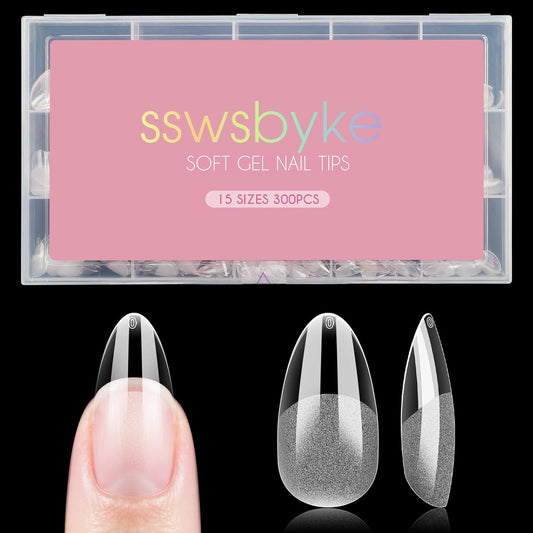 Medium Almond Nail Tips, SSWSBYKE 300pcs Soft Gel Nail Tips for Full Cover Pre-Shaped Acrylic Fake Nails Tips 15 Sizes Half Matte Press On Nails for Extension Home DIY Salon-BrightBean Baby