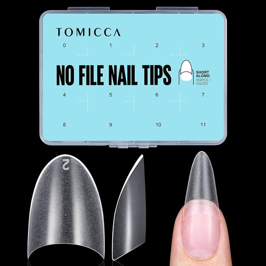 TOMICCA Short Almond Nail Tips, 504Pcs Full Matte Press on Half Cover Acrylic Nails,12 Sizes No C Curve Fake Nail Tips for Nail Extension Art Home DIY Nail Salon-BrightBean Baby
