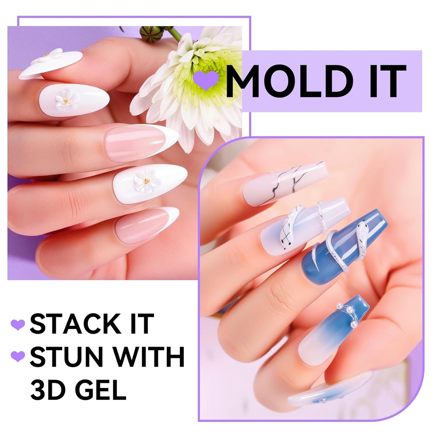 Makartt 3D Gel Nail Art: 4 in 1 White Solid Gel Builder Diy Kit for 15ML Nail Extension Gels, 4pcs Silicone Molds, 1 sculpture Brush, Nails Art Glue for Acrylic Nails Carving Manicure for Home Salon-BrightBean Baby