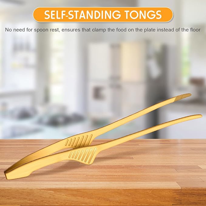Patelai Korean and Japanese BBQ Tongs Non Slip Cooking Utensils Stainless Steel Tongs for Serving Food, Salad, Camping, Barbecue, Buffet, Oven with Support Stand(Gold,2 Pieces)