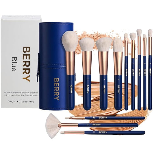 BERRY Blue Premium Makeup Brush Set – 12-Piece Professional Ultra-Soft Synthetic Brushes for Face & Eyes | Foundation, Powder, Blush, Concealer, Eyeshadow – Vegan, Cruelty-Free, Numbered, Travel Case-BrightBean Baby