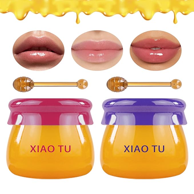 2PCS Lip Balm Honey Pot,Moisturizing Lip Sleep Mask,Prevention Dry and Cracked Overnight Sleeping Lip Mask with Brush,Reduces Lip Lines Long Lasting Hydrating Lip Care Scrubs Exfoliator-BrightBean Baby