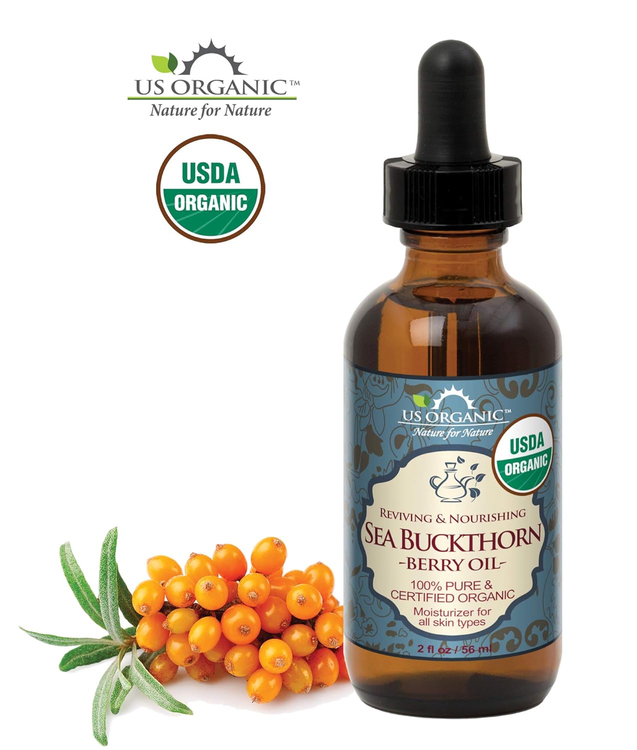 US Organic Sea Buckthorn Berry (Fruit) Oil, Supercritical CO2 extracted, USDA Certified Organic,100% Pure Virgin, Unrefined in Amber Glass Bottle, Face, Hair, spot Treatment, Anti Aging, 2 oz (56 ml)-BrightBean Baby