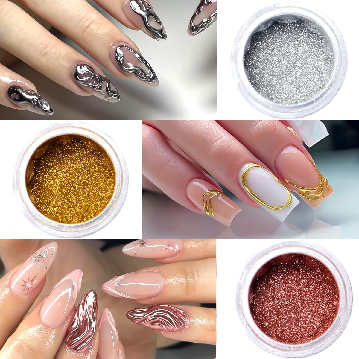 Chrome Nail Powder Metallic Gold And Silver, Magic Mirror Effect Pigment Glitter Rubbing Dust, 3D Carving Nail Molding Gel & Holographic Dip Nail Powder Kit for Nail Decor Home Manicure DIY-BrightBean Baby