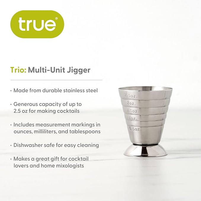 True Trio Multi-Unit Drink Measure, Shot Measuring Cup with Oz, Ml, and Tbsp Markings, Stainless Steel 2.5oz Set of 1