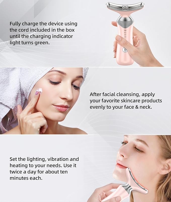 9-in-1 Red-Light-Therapy-for-Face-and-Neck, Portable Facial Massager Tool with Adjustable Vibration & Thermals for Wrinkles, Double Chin, Pink-BrightBean Baby