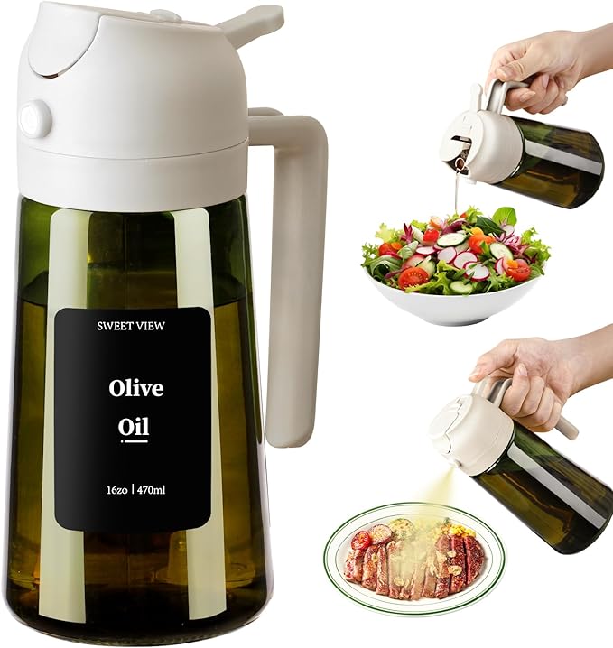 Olive Oil Dispenser and Oil Sprayer – 16oz/470ml Glass Light-Proof Oil Pourer for Kitchen, Air Fryer, Cooking, Salad, and BBQ