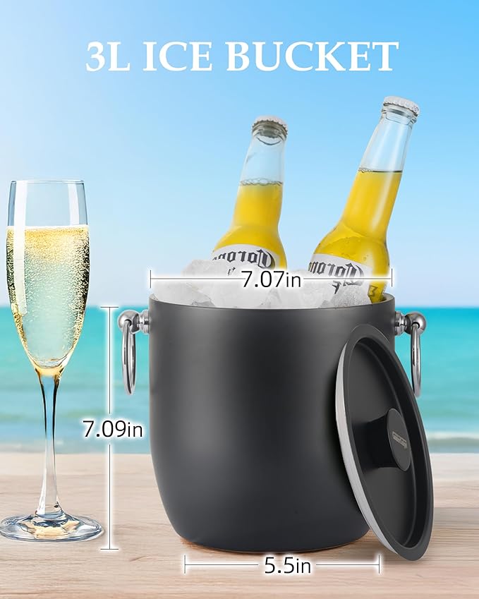 Insulated Ice Bucket, 3L Double Wall Stainless Steel Ice Bucket with Tongs,Lid, Scoop and Strainer, Ice Buckets for Parties,Cocktail Bars, Chilling Beer, Champagne, Wine Bottles