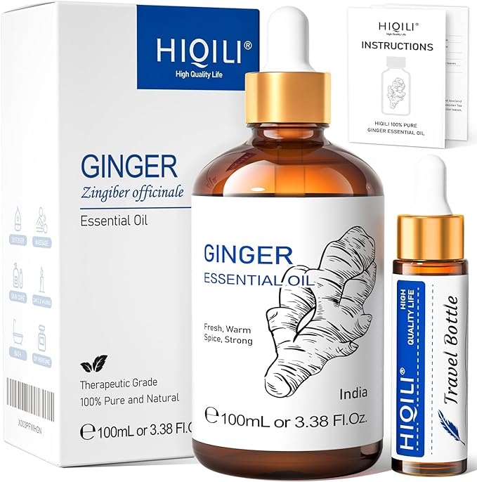 HIQILI Pure Ginger Essential Oil 3.38 Fl Oz, Pure Natural Premium Ginger Oil for Massage, Diffuser, Large Bottle with Dropper & Gift Box -100ml-BrightBean Baby