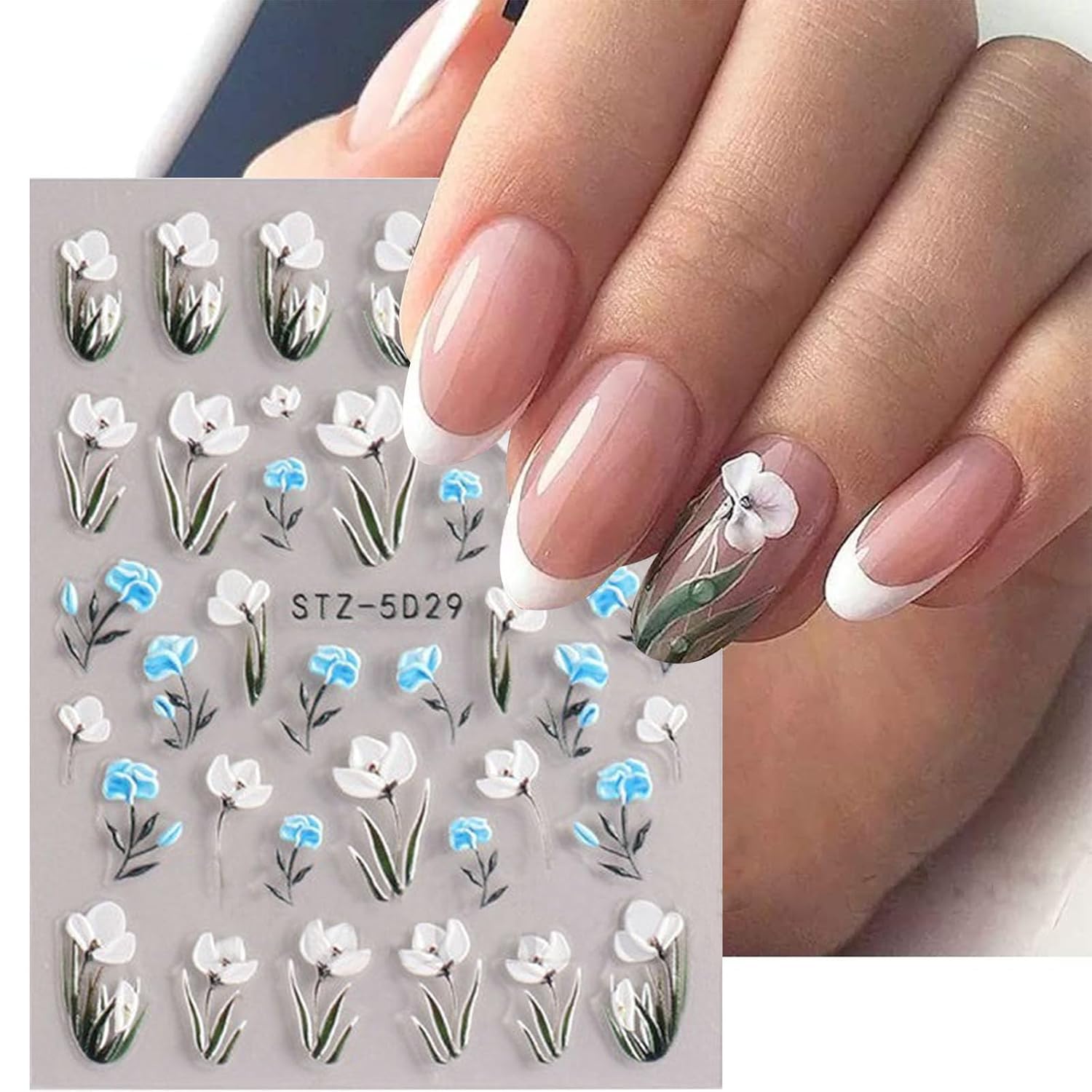 Flower Nail Stickers for Nail Art 5D Embossed Engraved Nails Decals 3D Spring Summer Accessories White Blue Self-Adhesive Nails DIY Design Decoration for Women Girls（6 Sheets-BrightBean Baby