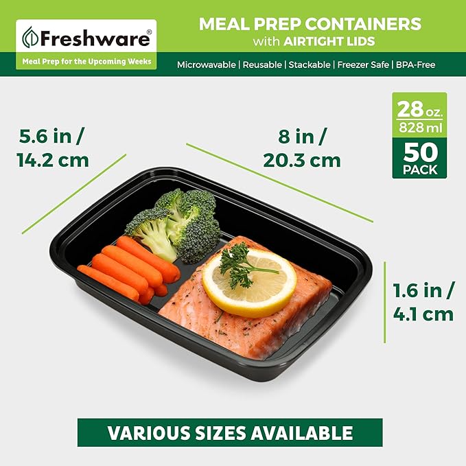 Freshware Meal Prep Containers 1 Compartment Food Storage Containers with Lids, Bento Box, BPA Free, Stackable, Microwave/Dishwasher/Freezer Safe (28 oz), 50 Count (Pack of 1)