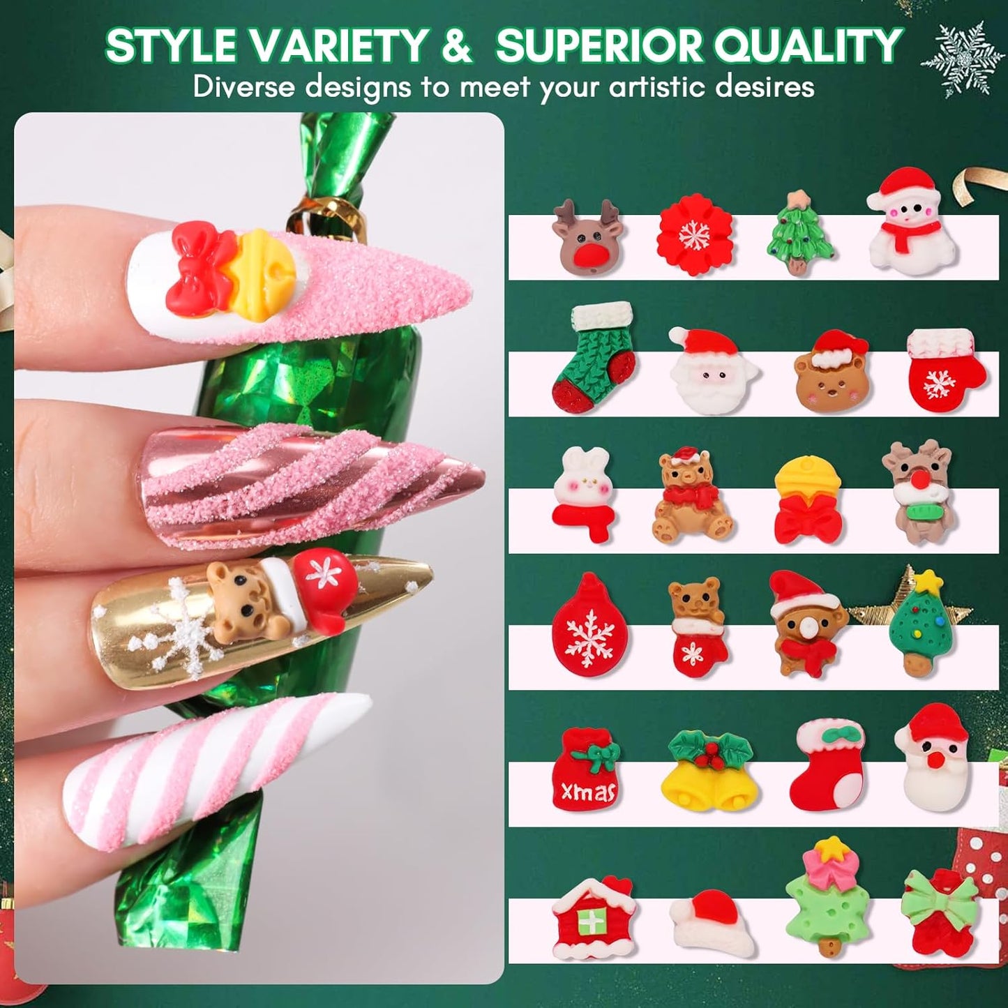 Makartt Christmas Decorations Gift Set: 48PCS 3D Nail Charms with Cartoon Santa, Elk, Tree, Bells for Women, Includes Art Tweezer, Acrylic Accessories for Nails Techs and DIY-BrightBean Baby