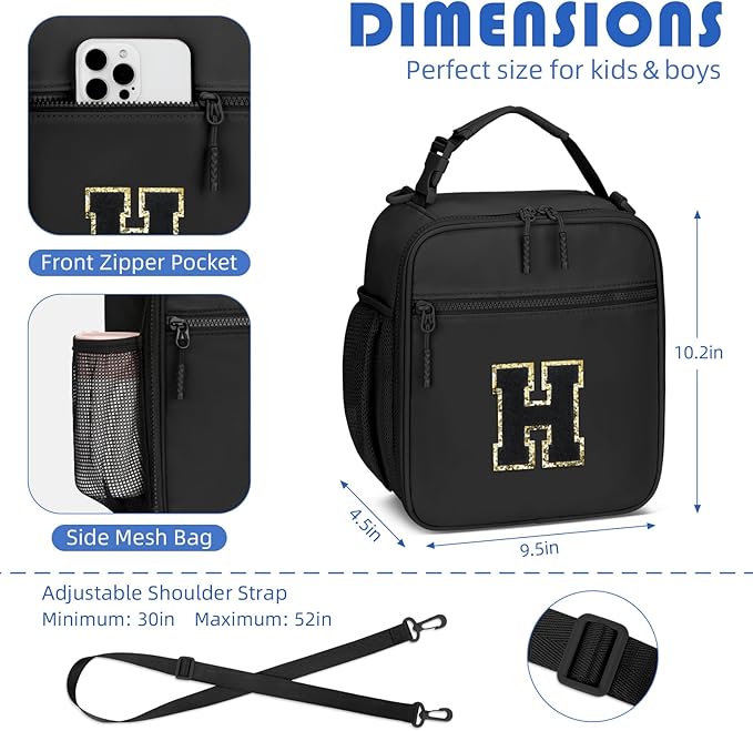 Initial Insulated Lunch Bag for Boys Kids, Back to School Gift, Reusable Leak-proof Lunch Box with Adjustable Strap for School Daycare Travel Picnic（Black，H）