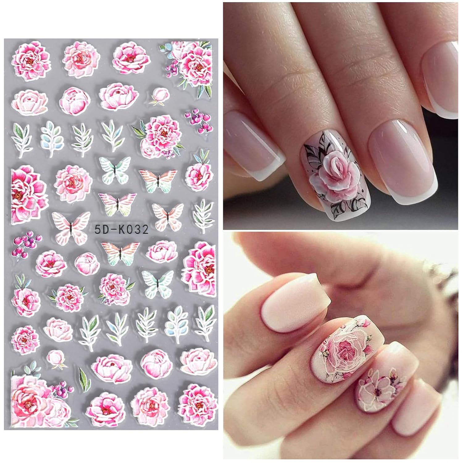 Pink Flower Nail Art Stickers Decals 5D Embossed Nail Decals Spring Summer Nails Art Design Self-Adhesive Supplies Accessories 3D Flower Stickers for Women Nails DIY Decoration-BrightBean Baby