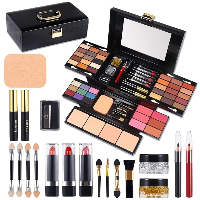 Professional Makeup Kit for Women Girls Full Kit with Mirror 58 Colors All in One Make up Gift Set Included Eyeshadow,Compact Powder,Blusher,Lipstick,Eyebrow Pencil,Gitter Gel,Eyeliner,Mascara (Y)-BrightBean Baby