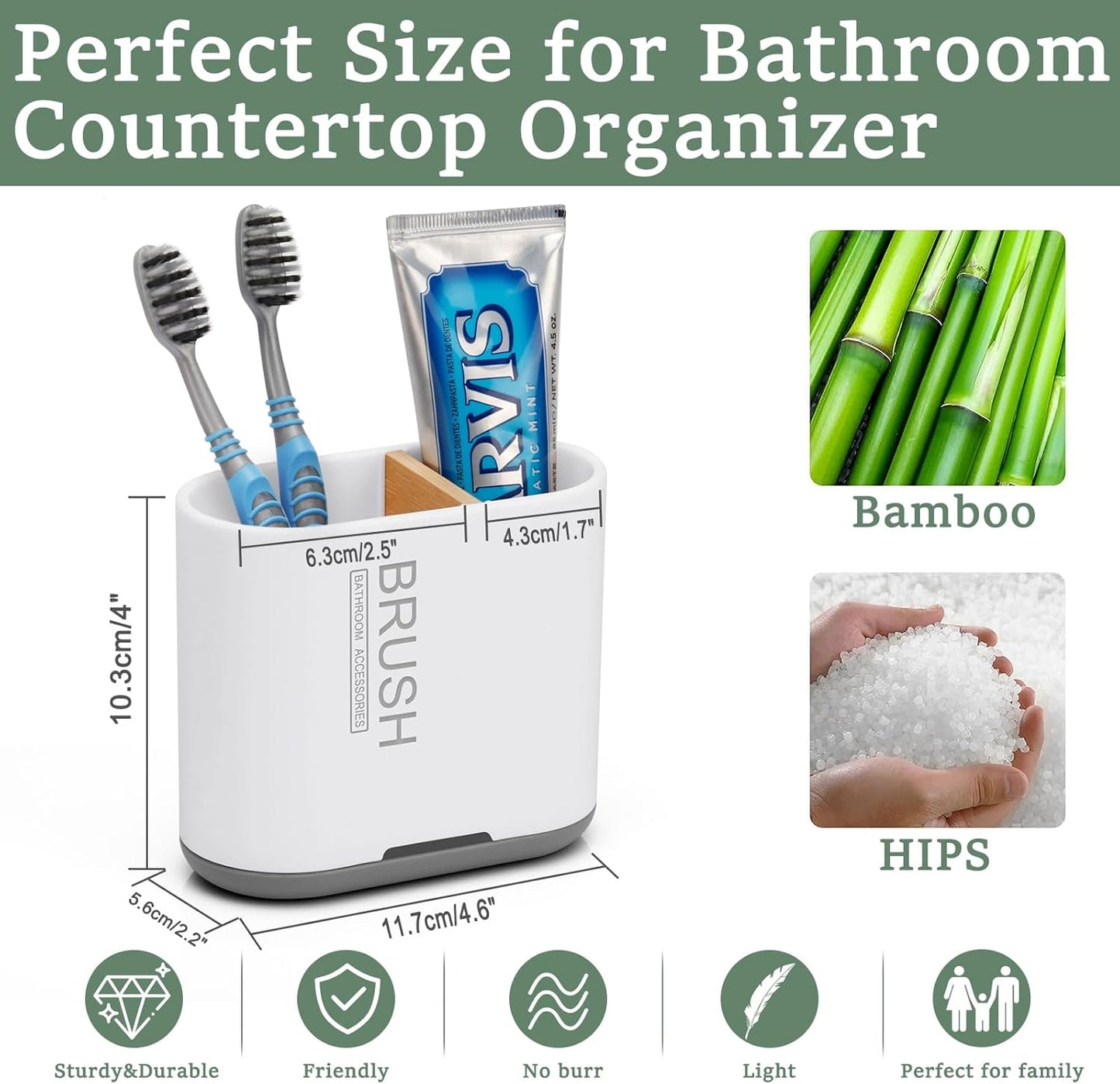 Toothbrush and Toothpaste Holder with Bamboo Divider for Bathroom Countertop Organizer, Detachable for Easy Clean, 2 Slots Electric Toothbrush Holders Storage Caddy Drainage for Family-White-BrightBean Baby
