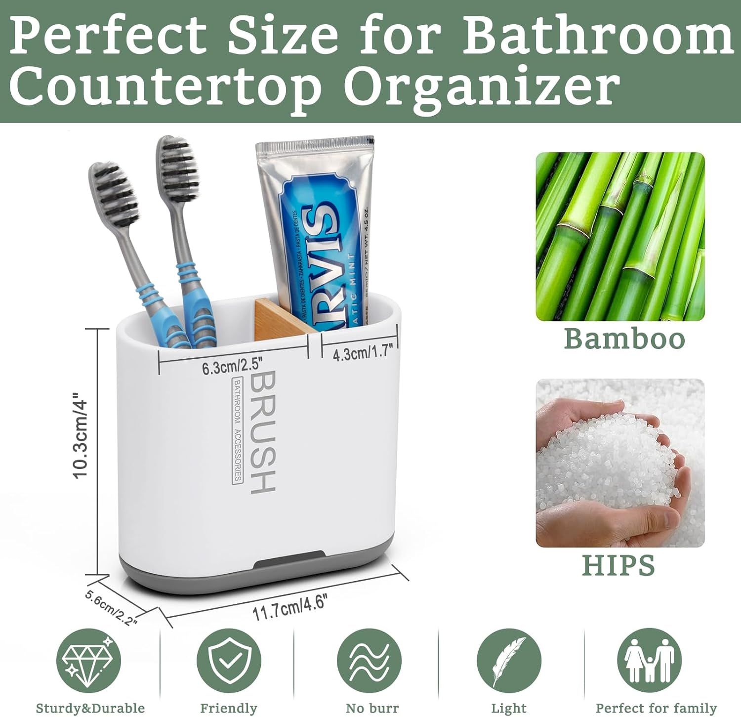 Toothbrush and Toothpaste Holder with Bamboo Divider for Bathroom Countertop Organizer, Detachable for Easy Clean, 2 Slots Electric Toothbrush Holders Storage Caddy Drainage for Family-White-BrightBean Baby
