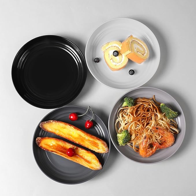 12 Pcs Unbreakable Deep Dessert Plates Set, 8 inch Reusable Plastic Wheat Straw Plates, Microwave and Dishwasher Safe Plate for Kitchen, Lightweight Plate for Dessert, BPA Free, Dark Gray