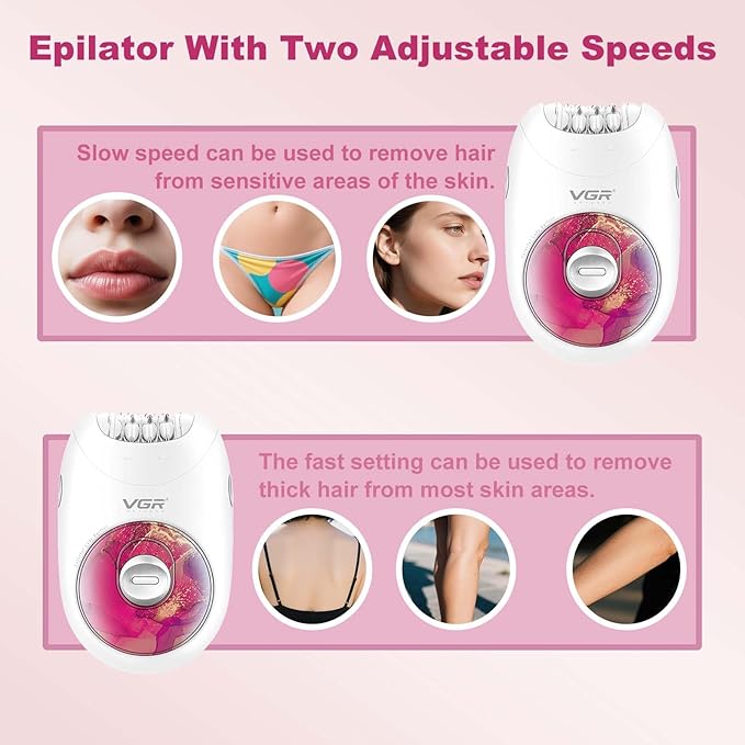 VGR 706 Professional Epilator for Women,Portable Cordless Smooth Glide Hair Removal Device for Legs, Underarm, Back,Full-Body Epilator with 18 Tweezers System, 2 Speeds Hair Removal with Silent Design-BrightBean Baby