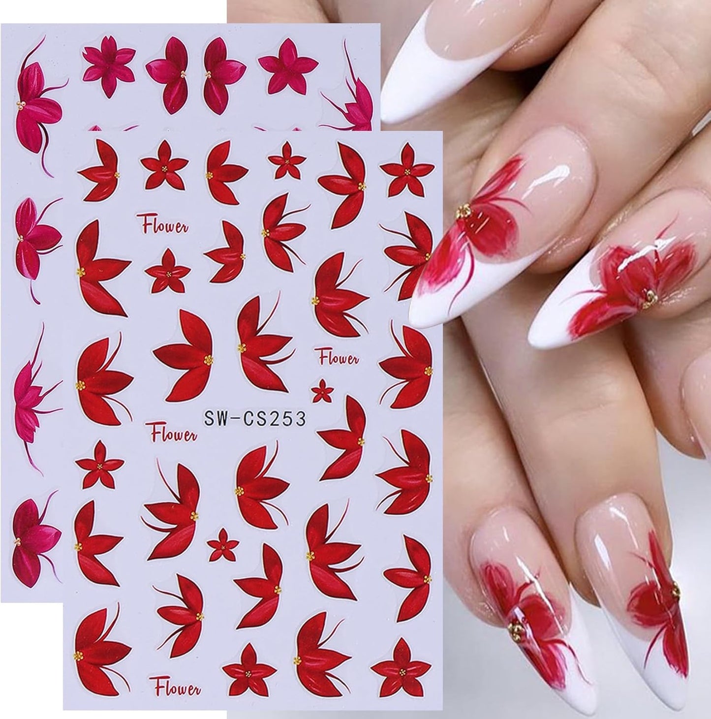 Flower Petal Nail Art Sticker 12 PCS Simple French Floral Nail Decals Lily Orchid Leaves Flamingo Designs with Tweezers Hot Pink Blue Purple Green Flower Sliders Nail Art Decoration DIY Accessories-BrightBean Baby