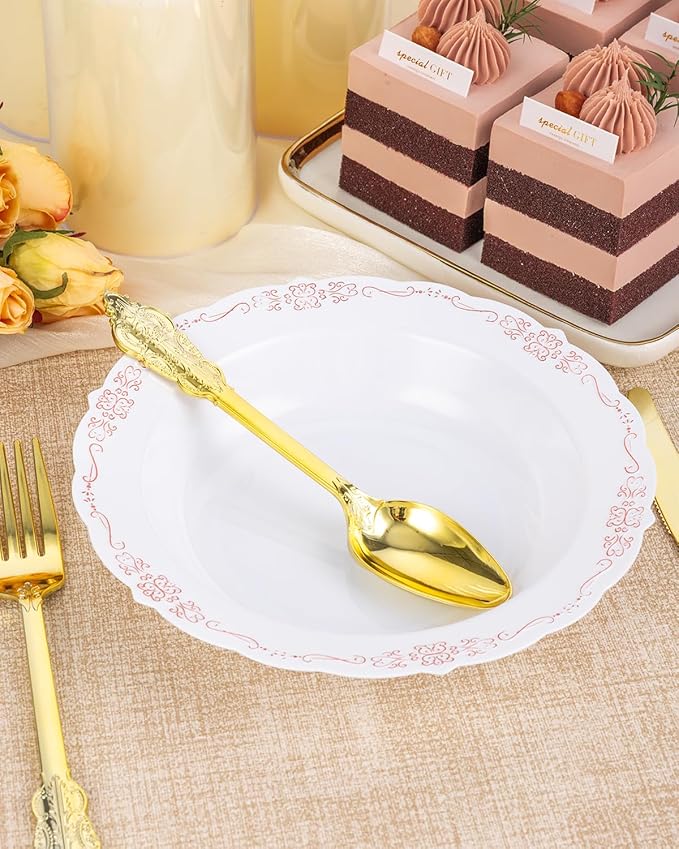 100 Pack White Plastic Bowls with Rose Gold Rim, 12oz Plastic Dessert Bowl, Bowls Disposable Heavy Duty for Hot Soup, Dessert, Salad, Cake, Ice Cream, Fruit