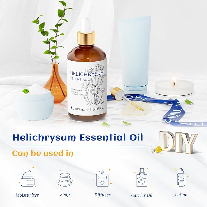 HIQILI Helichrysum Essential Oil for Skin Nourish, Undiluted & Natural, Relieve Fatigue in Body Massage, Reduce Fine Line and Wrinkle, Aromatherapy Diffuser, DIY Floral Scented Gift -100ML-BrightBean Baby