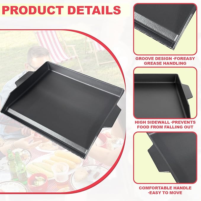 Universal Flat Top Griddle for Gas Grill, Gas Stove,Grill Flat Insert for Outdoor Grills, Stove-Top Griddles for 4 Burner Range Oven, 18.6" × 14" Large Nonstick Cast Iron Cooking Griddle