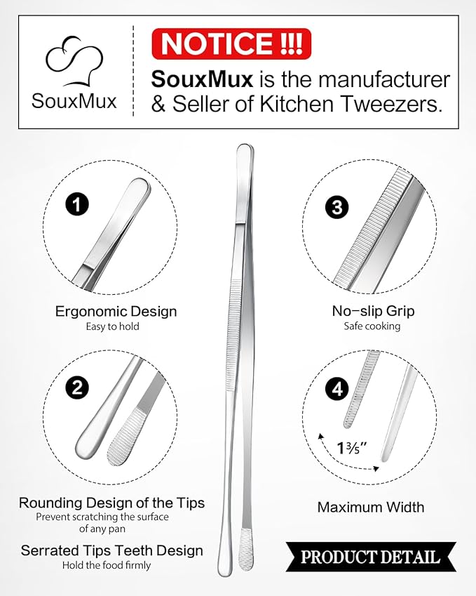 2 Pcs 12-inch Cooking Tweezers Tongs Precision Serrated Tips, Stainless Steel Professional Chef Tweezer Kitchen Tools for BBQ, Plating and Serving（Silver）