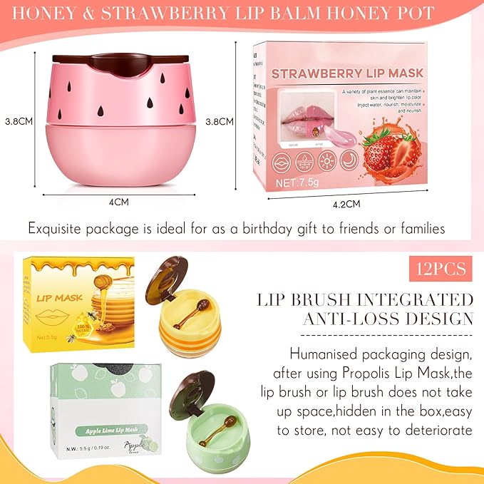 12 Pcs Bee Lip Balm Honey Pot with Brush Propolis Lip Mask Overnight, Moisturizing Hydrating Lip Sleeping Mask Prevention Dry and Cracked(Honey+Strawberry+Apple Lime)-BrightBean Baby