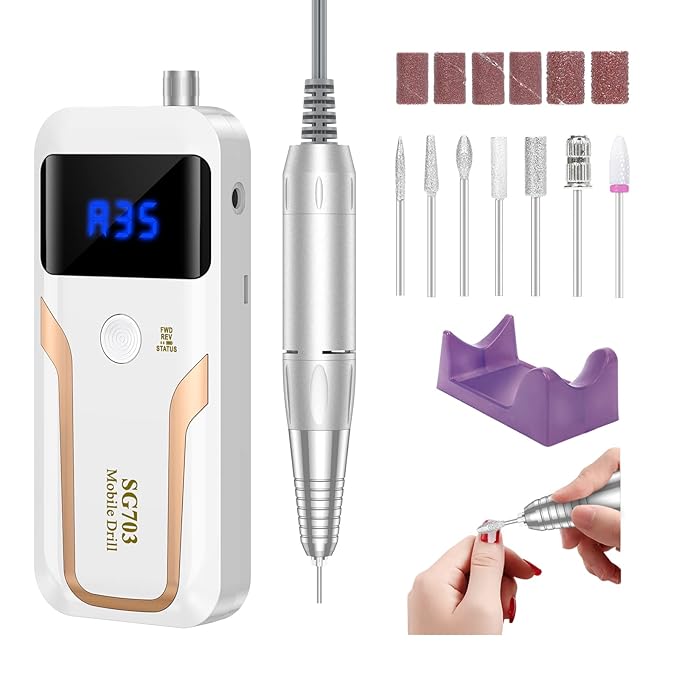 Portable Nail Drill Professional 35000 RPM, MOCOWIND Rechargeable Electric Nail File Machine for Acrylic Nails Gel Polishing Removing, Cordless E-File with Bits Kit for Manicure Salon Home, White-BrightBean Baby