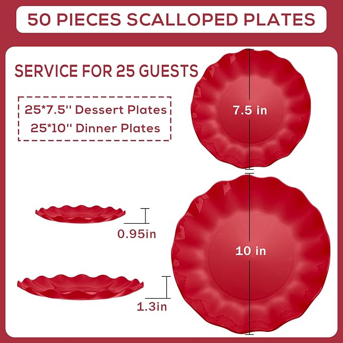 LIYH 50 Pcs Red Plastic Plates Reusable Christmas Plastic Plates Unbreakable Holiday Dinnerware Set Scalloped Plate for Christmas Day,Dishwasher Safe BPA Free (25Guests)
