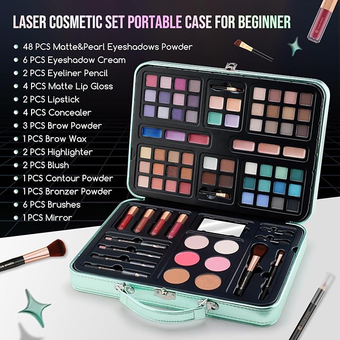 Color Nymph All in One Girls Makeup Sets for Any Ages, Teen Makeup Kits for Beginner with Green Case, Eyeshadow Palettes Blush Lipgloss Eyeliner, Cosmetics Gift Set for Birthday-BrightBean Baby