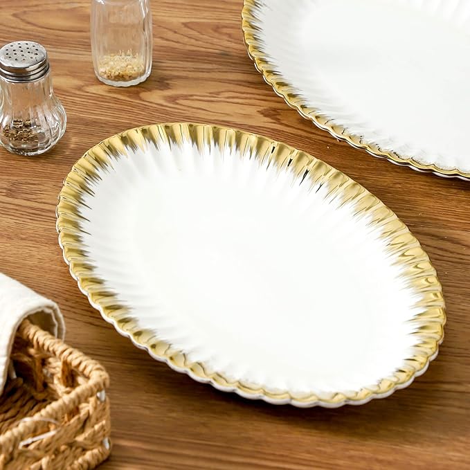 Serving Platters, Ceramic Oval Serving Platters,12 Inch Serving Dishes/Trays for Party Entertaining, Porcelain White Dinner Plates with Gold Trim for Sandwich, Appetizer, Fruit, Desserts, Set of 2