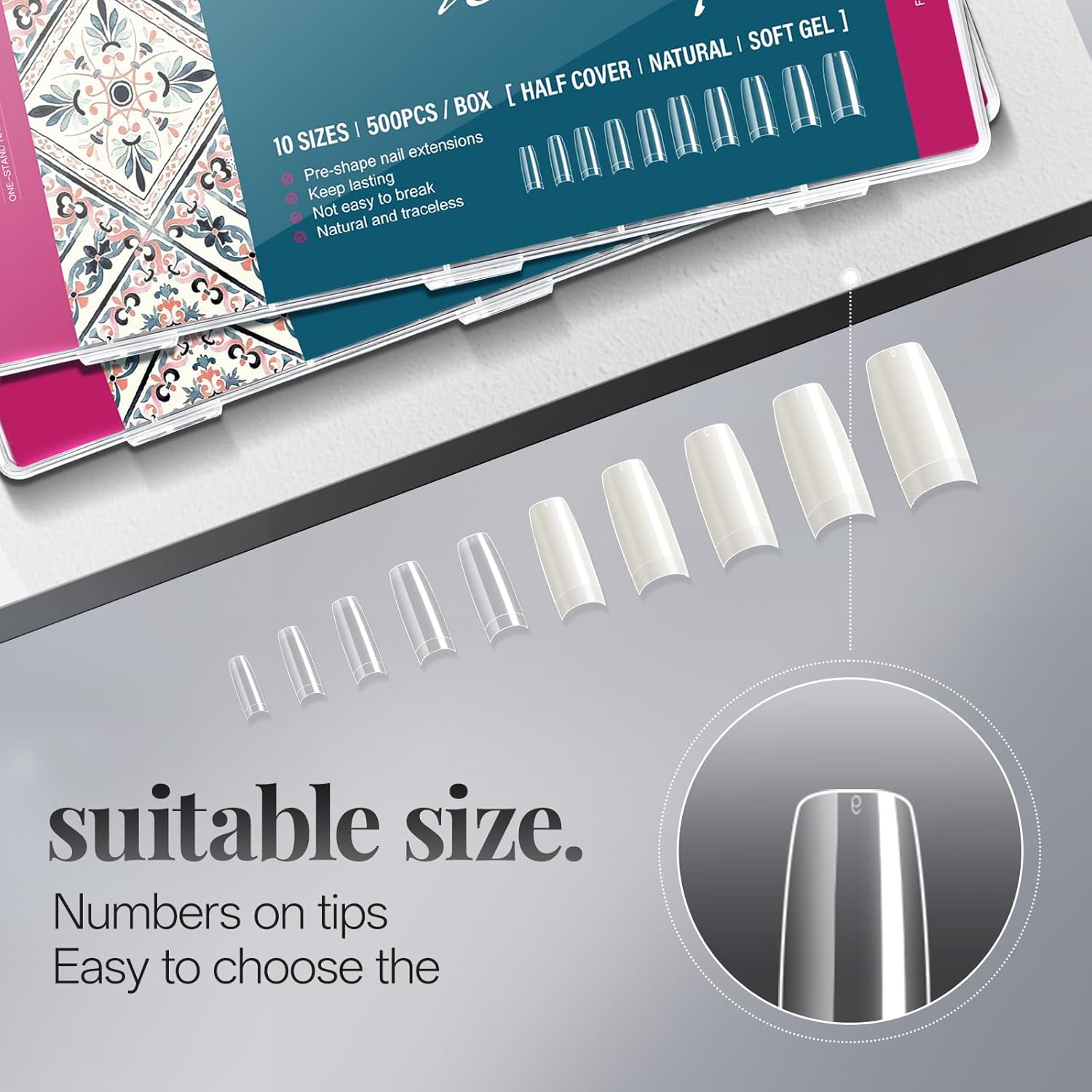 krofaue Nail Tips Lady French Style Acrylic Artificial Half Cover False Nail Tips with Box Ideal for Salons and Home DIY Manicure,10 Sizes,1000PCS (Natural and Clear)-BrightBean Baby