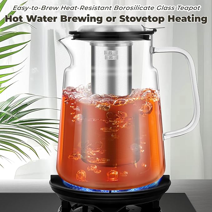 Aquach Glass Teapot with Removable Infuser - 74oz Borosilicate Tea Pot for Stovetop & Cold Brew, Stainless Steel Filter for Loose Leaf/Iced Tea