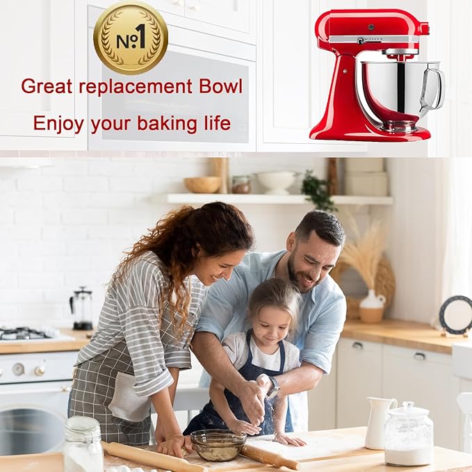 5 QT Stainless Steel Mixer Bowl Compatible with KitchenAid Artisan&Classic Series 4.5-5QT Tilt-Head Mixers K45 KSM70 KSM150 etc. Replacment for KitchenAid Mixer Bowl(Light Weight)
